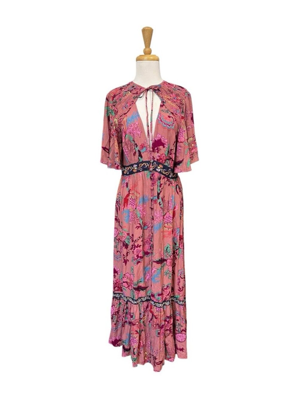 Anthropologie Ruffled Embroidered Maxi Dress Size S Small Pink